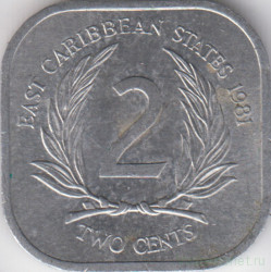 Монета. Восточные Карибские государства. 2 цента 1981 год.