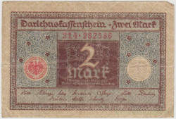 Банкнота. Кредитный билет. Германия. Веймарская республика. 2 марки 1920 год. Изображение - коричневый, печать - красный цвет. 3 и 6 цифр в нумераторе.