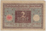 Банкнота. Кредитный билет. Германия. Веймарская республика. 2 марки 1920 год. Изображение - коричневый, печать - красный цвет. 3 и 6 цифр в нумераторе. ав.