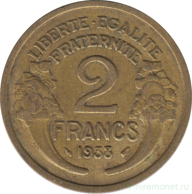 Монета. Франция. 2 франка 1938 год.