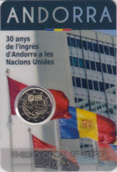 Монета. Андорра. 2 евро 2023 год. 30 лет вступлению Андорры в ООН. Блистер, коинкарта.