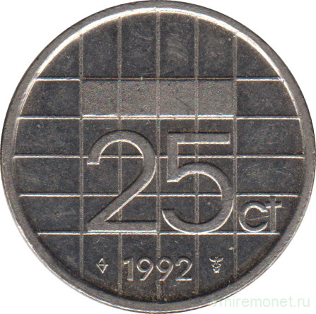 Монета. Нидерланды. 25 центов 1992 год.