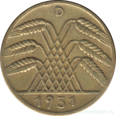 Монета. Германия. Веймарская республика. 10 рейхспфеннигов 1931 год. Монетный двор - Мюнхен (D).