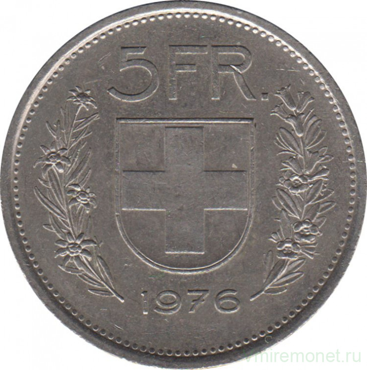 Монета. Швейцария. 5 франков 1976 год.