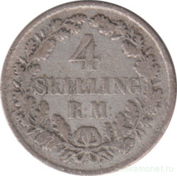 Монета. Дания. 4 скиллинга-ригсмёнт 1854 год.