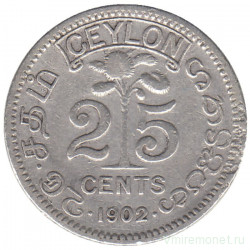 Монета. Цейлон (Шри-Ланка). 25 центов 1902 год.