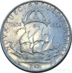 Монета. Швеция. 2 кроны 1938 год. 300 лет основания Делавэра.