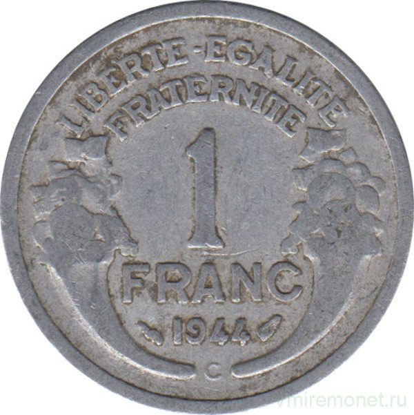 Монета. Франция. 1 франк 1944 год. Монетный двор - Кастельсарразин. (C).