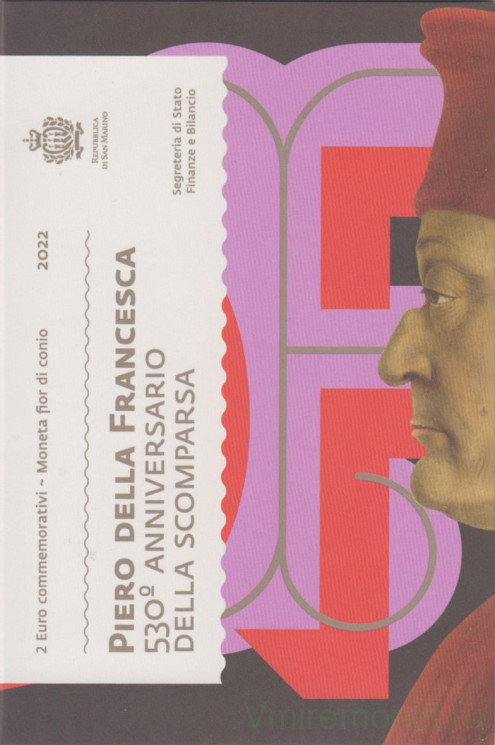 Монета. Сан-Марино. 2 евро 2022 год. 530 лет со дня смерти Пьеро делла Франческа. Буклет, коинкарта.