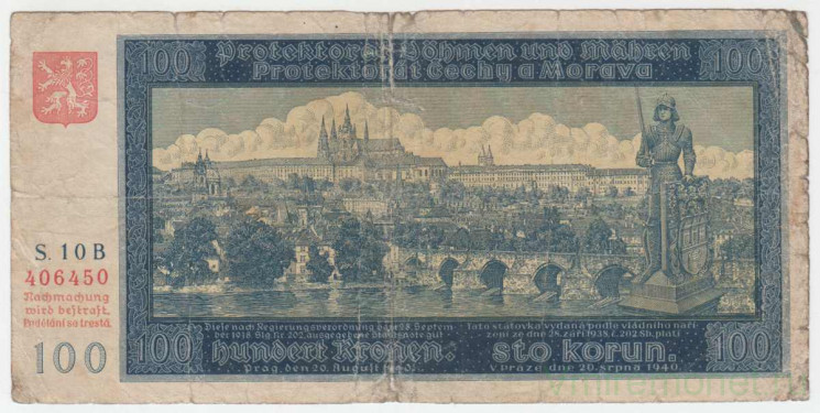 Банкнота. Протекторат Богемия и Моравия. 100 крон 1940 год. Тип 6.