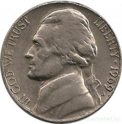 Монета. США. 5 центов 1969 год. Монетный двор S.