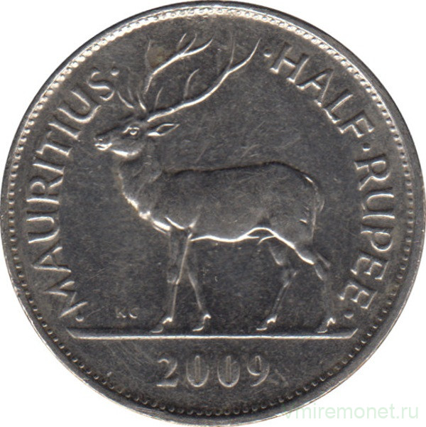 Монета. Маврикий. 1/2 рупии 2009 год.