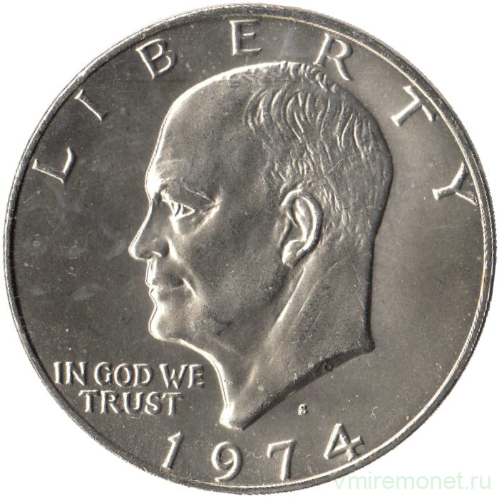 Монета. США. 1 доллар 1974 год. Монетный двор S. Серебро.