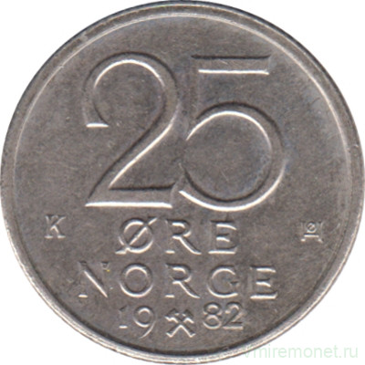 Монета. Норвегия. 25 эре 1982 год.