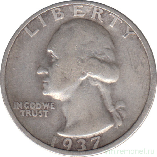 Монета. США. 25 центов 1937 год. Монетный двор S.