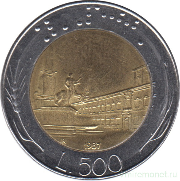 Монета. Италия. 500 лир 1987 год.