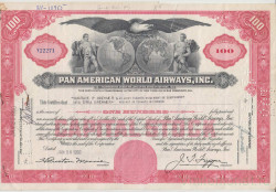 Акция. США. "PAN AMERICAN WORLD AIRWAYS, INC.". 100 акций 1950 год. Вариант 2.