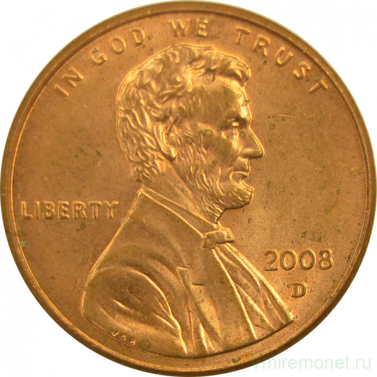 Монета. США. 1 цент 2008 год. Монетный двор D.