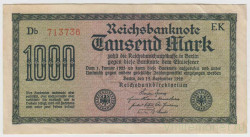 Банкнота. Германия. Веймарская республика. 1000 марок 1922 год. Водяной знак - задние полосы. Серийный номер - две буквы, шесть цифр (красные,крупные), две буквы.