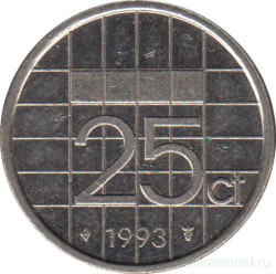 Монета. Нидерланды. 25 центов 1993 год.