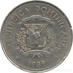 Монета. Доминиканская республика. 1/2 песо 1989 год.