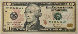Банкнота. США. 10 долларов 2013 год. Серия F.