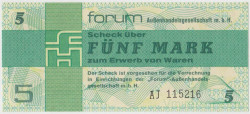 Банкнота. ГДР. Форум-чек на импортные товары в специальных магазинах. 5 марок 1979 год.