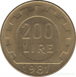 Монета. Италия. 200 лир 1981 год.
