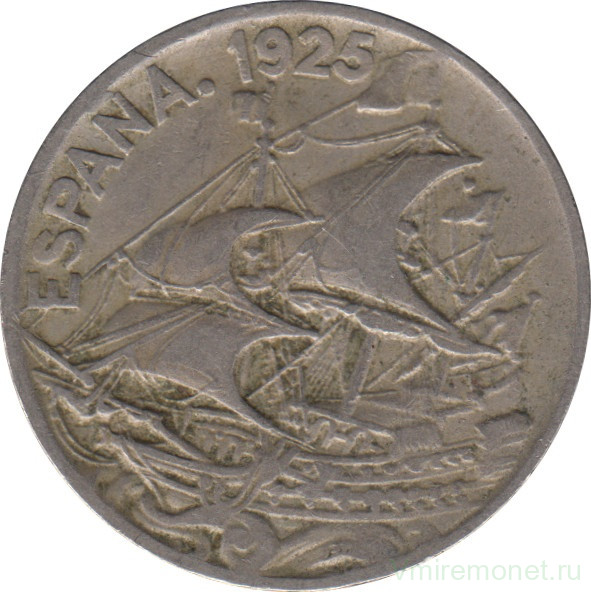 Монета. Испания. 25 сентимо 1925 год.