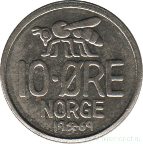 Монета. Норвегия. 10 эре 1969 год.