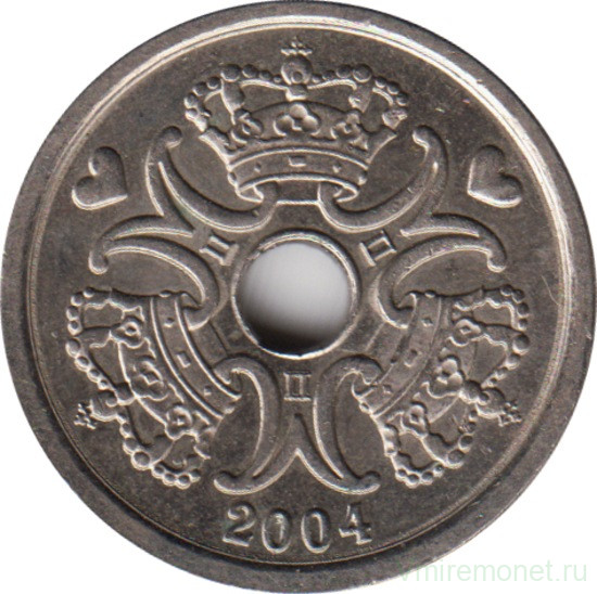 Монета. Дания. 1 крона 2004 год.