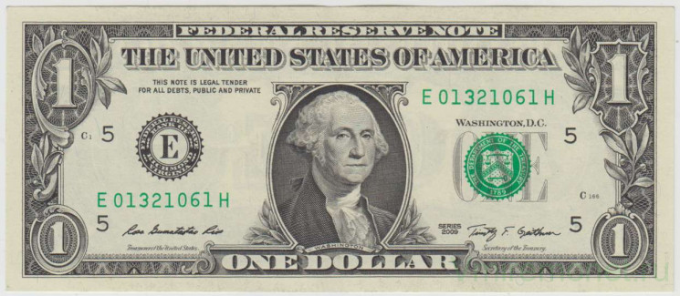 Банкнота. США. 1 доллар 2009 год. Серия Е.