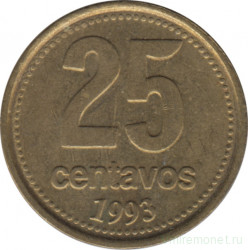 Монета. Аргентина. 25 сентаво 1993 год. Аверс - толстые цифры. Алюминиевая бронза.
