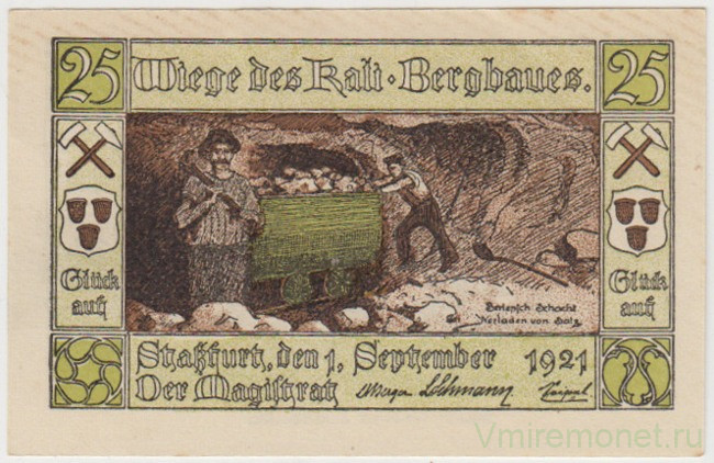 Бона. Нотгельд. Германия. Город Штрассфурт. 25 пфеннигов 1921 год. Вариант 1256.2.а.4.