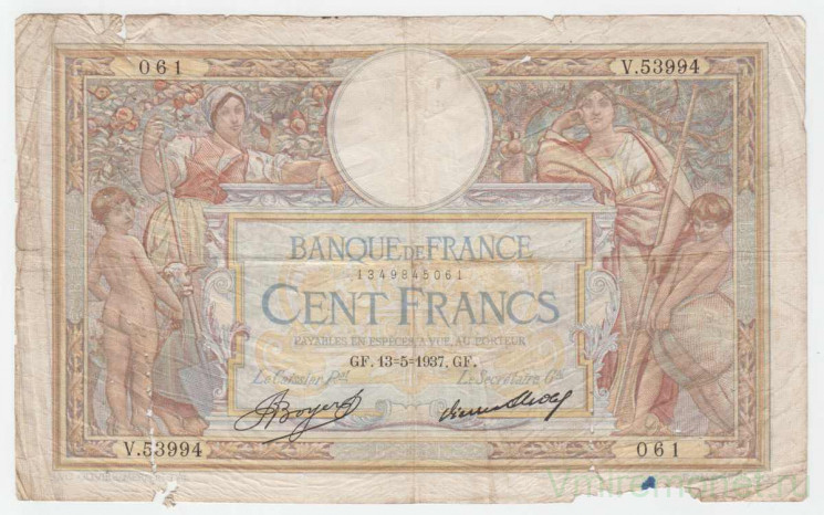 Банкнота. Франция. 100 франков 1938 год. Тип 78b.