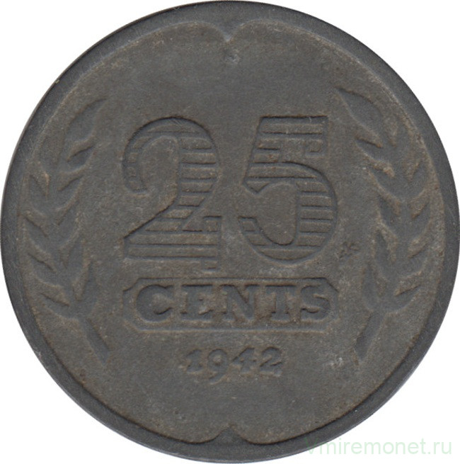 Монета. Нидерланды. 25 центов 1942 год.