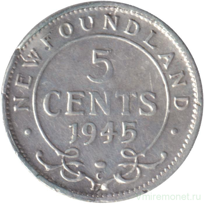 Монета. Ньюфаундленд. 5 центов 1945 год.