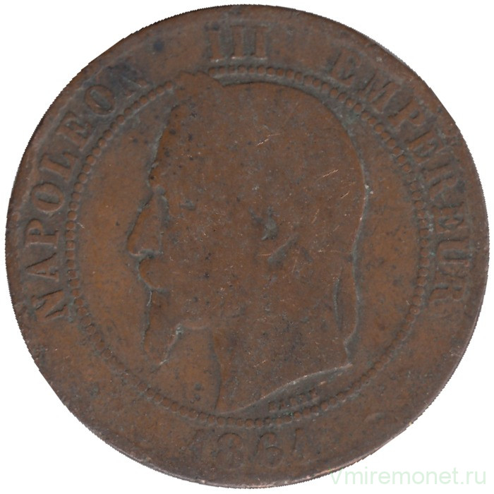 Монета. Франция. 10 сантимов 1861 год. ВВ.  