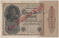Банкнота. Германия. Веймарская республика. 1 миллиард рейхсмарок 1923 год. (надпечатка на банкноте 1000 марок 1922 год). Тип 113а (6).