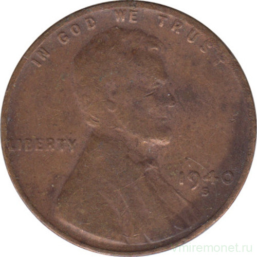 Монета. США. 1 цент 1940 год. Монетный двор S.