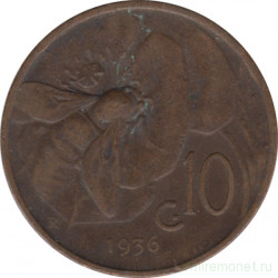 Монета. Италия. 10 чентезимо 1936 год.
