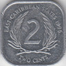 Монета. Восточные Карибские государства. 2 цента 1996 год. ав.