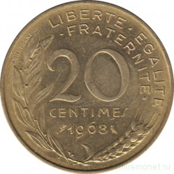 Монета. Франция. 20 сантимов 1968 год.