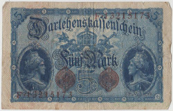 Банкнота. Кредитный билет. Германия. Германская империя (1871-1918). 5 марок 1914 год. Номер серии (восемь цифр и одна буква).