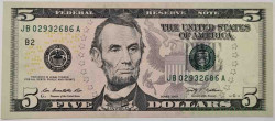 Банкнота. США. 5 долларов 2009 год. Литера JB. Тип 531.
