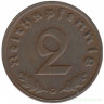 Монета. Германия. Третий Рейх. 2 рейхспфеннига 1938 год. Монетный двор - Карлсруэ (G).