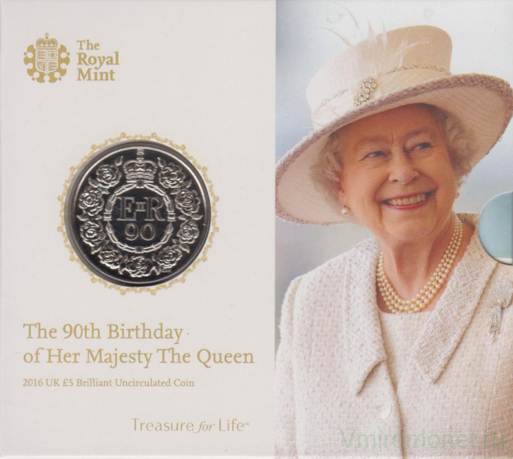 Монета. Великобритания. 5 фунтов 2016 год. 90 лет со дня рождения королевы Елизаветы II. В буклете.