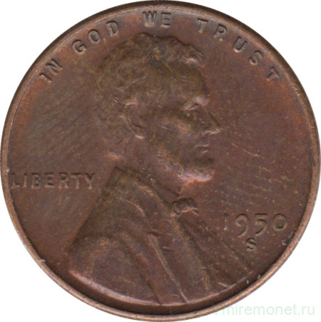 Монета. США. 1 цент 1950 год. Монетный двор S.