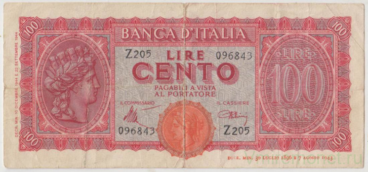 Банкнота. Италия. 100 лир 1944 год.