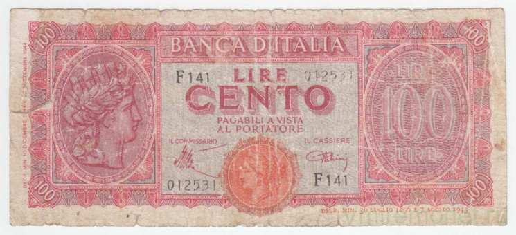 Банкнота. Италия. 100 лир 1944 год.